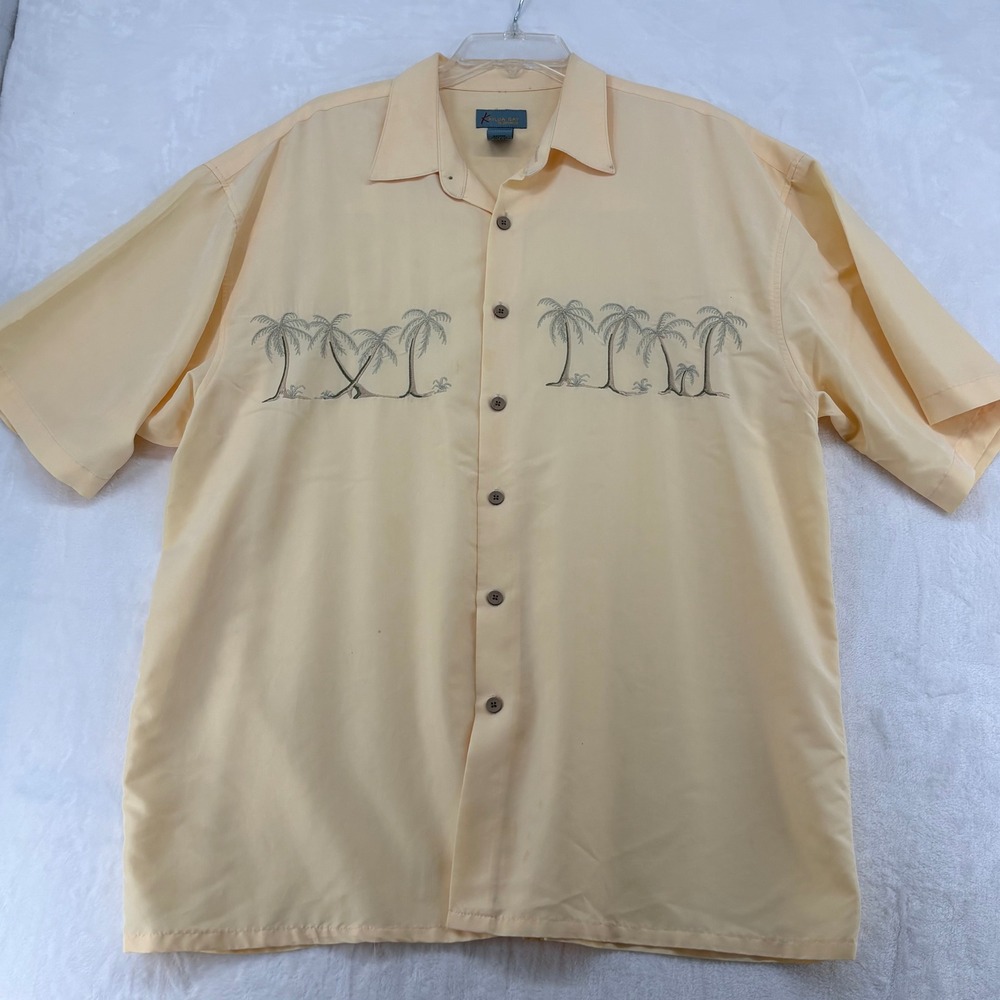 Kaylua Bay Shirt Mens XL Button Up Yellow Palm Tree Embroidered Modal Blend 6501